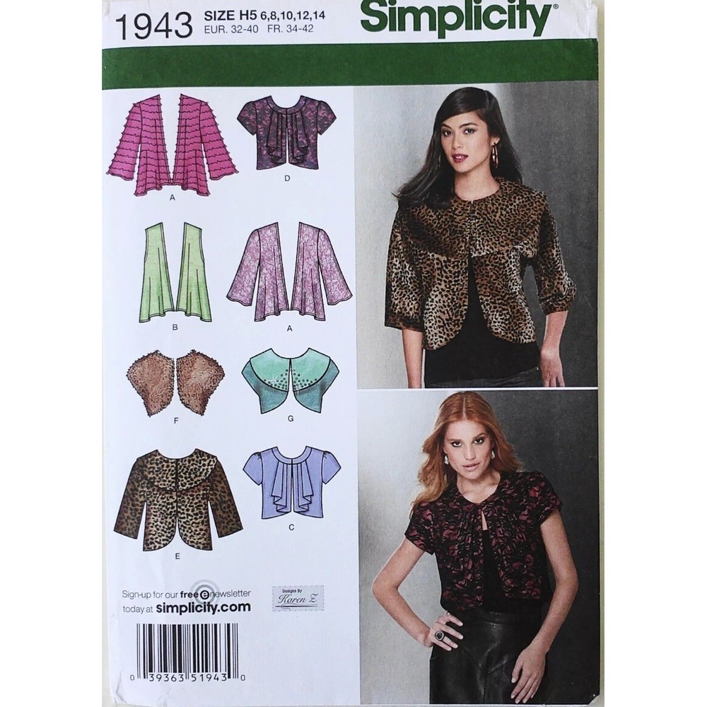 Simplicity 1943 Misses Knit Woven Jackets Boleros Sewing Pattern Size 6-14 Uncut